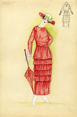 <em>"Day dress,  Chéruit, 1915. Red and white dress; tiered, pleated ankle length skirt; sash at natural waist; long sleeves with ruffle detail at wrists; white hat with red accents and red flower decoration. (Bendel Collection, 011-47)"</em>, 1915. Fashion sketch, 12.25 x 8.5 in (31.1 x 21.6 cm). Brooklyn Museum, Fashion sketches. (Photo: Brooklyn Museum, SC01.1_Bendel_Collection_HB_011-47_1915_Cheruit_SL5.jpg