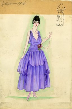 <em>"Evening dress, Fall 1915. Sleeveless purple dress, ankle length, full skirt; red rose attached at waist. (Bendel Collection, HB 012-01)"</em>, 1915. Fashion sketch, 12.25 x 8.5 in (31.1 x 21.6 cm). Brooklyn Museum, Fashion sketches. (Photo: Brooklyn Museum, SC01.1_Bendel_Collection_HB_012-01_1915_SL5.jpg