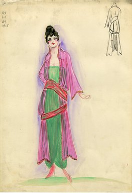 <em>"Evening dress and Coat, 1915. Strapless long green dress, draped in front; sheer pink coat with decorative trim on sleeves, hem, collar and front of coat; wide green and orange striped sash. (Bendel Collection, HB 012-02)"</em>, 1915. Fashion sketch, 12.25 x 8.5 in (31.1 x 21.6 cm). Brooklyn Museum, Fashion sketches. (Photo: Brooklyn Museum, SC01.1_Bendel_Collection_HB_012-02_1915_Cheruit_SL5.jpg