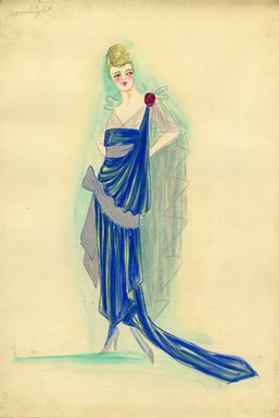 <em>"Evening dress, 'Moonlight'. Blue evening dress with train and one shoulder drape; wide silver sash draped on the diagonal at the hip; sheer top with attached cape in back; rose attached on one shoulder. (Bendel Collection, HB 012-03)"</em>, 1915. Fashion sketch, 12.25 x 8.5 in (31.1 x 21.6 cm). Brooklyn Museum, Fashion sketches. (Photo: Brooklyn Museum, SC01.1_Bendel_Collection_HB_012-03_1915_SL5.jpg