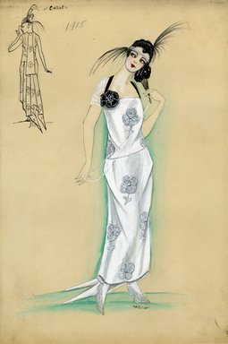 <em>"Evening dress, Callot Soeurs, 1915. Long white dress with train; large white flowers applied to dress, possibly beaded; one black flower with white beadwork on bodice, narrow black straps; pearl headband with black feathers, black fan. (Bendel Collection, HB 012-04)"</em>, 1915. Fashion sketch, 12.25 x 8.5 in (31.1 x 21.6 cm). Brooklyn Museum, Fashion sketches. (Photo: Brooklyn Museum, SC01.1_Bendel_Collection_HB_012-04_1915_Callot_SL5.jpg