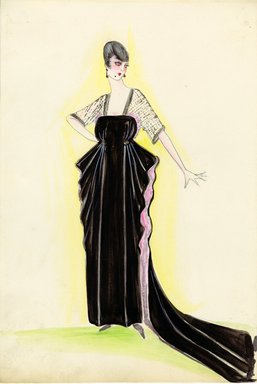 <em>"Evening Dress, 1915. Long black strapless dress with long train; skirt open on sides and lined in pink; sheer elbow length top attached to dress. (Bendel Collection, HB 012-05)"</em>, 1915. Fashion sketch, 12.25 x 8.5 in (31.1 x 21.6 cm). Brooklyn Museum, Fashion sketches. (Photo: Brooklyn Museum, SC01.1_Bendel_Collection_HB_012-05_1915_SL5.jpg