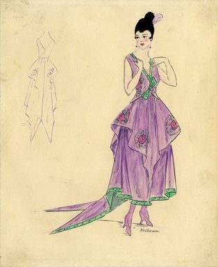 <em>"Evening dress, Callot Soeurs, 1915. Ankle length light purple dress, full skirt with shorter overskirt and train; sleeveless v-neck bodice; hem and bodice front with green trim; 'Iribe' roses on overskirt and bodice. (Bendel collection, HB 012-06)"</em>, 1915. Fashion sketch, 12.25 x 8.5 in (31.1 x 21.6 cm). Brooklyn Museum, Fashion sketches. (Photo: Brooklyn Museum, SC01.1_Bendel_Collection_HB_012-06_1915_Callot_SL5.jpg