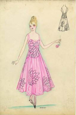 <em>"Evening dress, 1915. Ankle length pink evening dress with fitted bodice and full skirt; sheer sleeves; large white flowers with silver leaves decorate dress and bodice. (Bendel Collection, HB 012-09)"</em>, 1915. Fashion sketch, 12.25 x 8.5 in (31.1 x 21.6 cm). Brooklyn Museum, Fashion sketches. (Photo: Brooklyn Museum, SC01.1_Bendel_Collection_HB_012-09_1915_SL5.jpg