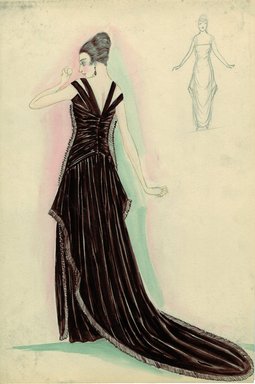 <em>"Evening dress, 1915.  Long black dress with train; fitted bodice with pairs of black straps at shoulders; rows of black ruffles trims entire dress.  (Bendel Collection, HB 012-12)"</em>, 1915. Fashion sketch, 12.25 x 8.5 in (31.1 x 21.6 cm). Brooklyn Museum, Fashion sketches. (Photo: Brooklyn Museum, SC01.1_Bendel_Collection_HB_012-12_1915_SL5.jpg