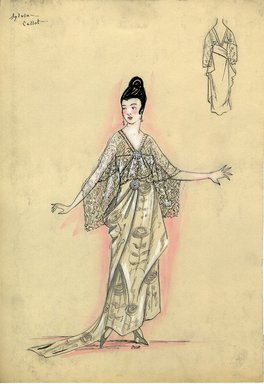 <em>"Evening dress, Callot Soeurs, 1915, 'Sylvia'. Long white strapless evening dress with train and draped skirt; dress fabric with design of large stylized flowers in silver and black; black lace shawl attached in front with circular pin. (Bendel Collection, HB 012-13)"</em>, 1915. Fashion sketch, 12.25 x 8.5 in (31.1 x 21.6 cm). Brooklyn Museum, Fashion sketches. (Photo: Brooklyn Museum, SC01.1_Bendel_Collection_HB_012-13_1915_Callot_SL5.jpg