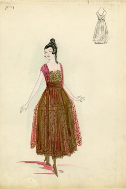 <em>"Evening dress, Jenny, 1915. Ankle length pink dress with sheer gold overskirt trimmed along hem with tiny balls; square cut bodice with pink short sleeves and gold lace insert in bodice front. (Bendel Collection, HB 012-14)"</em>, 1915. Fashion sketch, 12.25 x 8.5 in (31.1 x 21.6 cm). Brooklyn Museum, Fashion sketches. (Photo: Brooklyn Museum, SC01.1_Bendel_Collection_HB_012-14_1915_Jenny_SL5.jpg