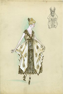 <em>"Evening dress, 1915. Ankle length tan fabric and gold lace dress; overskirt draped fabric with pattern of abstract whorls, gold lace underskirt; gold lace on bodice draped over shoulders; gold high heels with crossed straps. (Bendel Collection, HB 012-15)"</em>, 1915. Fashion sketch, 12.25 x 8.5 in (31.1 x 21.6 cm). Brooklyn Museum, Fashion sketches. (Photo: Brooklyn Museum, SC01.1_Bendel_Collection_HB_012-15_1915_SL5.jpg