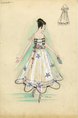 <em>"Dress, 'Georgette', 1915. Ankle length white dress with sheer overskirt, trimmed along hem with silver band and bows; square cut bodice with three rows of ribbon and bows, sheer white short sleeves; small cluster s of flowers at waist, hem and down front of dress. (Bendel Collection, HB 012-16)"</em>, 1915. Fashion sketch, 12.25 x 8.5 in (31.1 x 21.6 cm). Brooklyn Museum, Fashion sketches. (Photo: Brooklyn Museum, SC01.1_Bendel_Collection_HB_012-16_1915_SL5.jpg