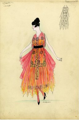 <em>"Evening dress, Callot Soeurs, 'Trophe', 1915. Tea length dress with three or four layers of sheer red and orange fabric for the skirt, handkerchief hem; sleeveless draped bodice with black medallions; short panel on front of skirt with same medallions; black belt. (Bendel Collection, HB 012-17)"</em>, 1915. Fashion sketch, 12.25 x 8.5 in (31.1 x 21.6 cm). Brooklyn Museum, Fashion sketches. (Photo: Brooklyn Museum, SC01.1_Bendel_Collection_HB_012-17_1915_+Callot_SL5.jpg