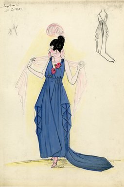 <em>"Evening dress, Callot Soeurs, 'Enjoleuse', 1915. Ankle length sleeveless blue dress with train; skirt with draped panels gathered under waist; v neck bodice with two roses attached in front. (Bendel Collection, HB 012-18)"</em>, 1915. Fashion sketch, 12.25 x 8.5 in (31.1 x 21.6 cm). Brooklyn Museum, Fashion sketches. (Photo: Brooklyn Museum, SC01.1_Bendel_Collection_HB_012-18_1915_Callot_SL5.jpg