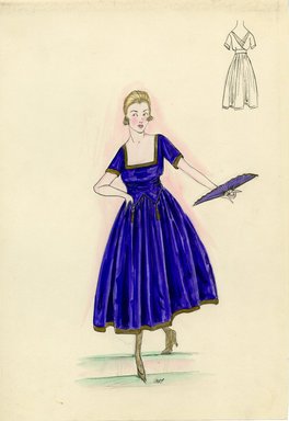 <em>"Evening dress, 1915. Tea length purple dress with full skirt and short sleeves; hem, sleeves and bodice with gold trim; square neck bodice, ending below the waist in two points with gold tassels; matching purple fan. (Bendel Collection, HB 012-19)"</em>, 1915. Fashion sketch, 12.25 x 8.5 in (31.1 x 21.6 cm). Brooklyn Museum, Fashion sketches. (Photo: Brooklyn Museum, SC01.1_Bendel_Collection_HB_012-19_1915_SL5.jpg