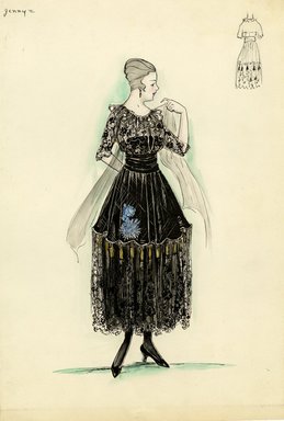 <em>"Evening dress, Jenny, 1915. Ankle length black dress; short black skirt with gold tassels over black lace long skirt; black lace over blouse with elbow length sleeves and ruffle at neckline . (Bendel Collection, HB 012-20)"</em>, 1915. Fashion sketch, 12.25 x 8.5 in (31.1 x 21.6 cm). Brooklyn Museum, Fashion sketches. (Photo: Brooklyn Museum, SC01.1_Bendel_Collection_HB_012-20_1915_Jenny_SL5.jpg