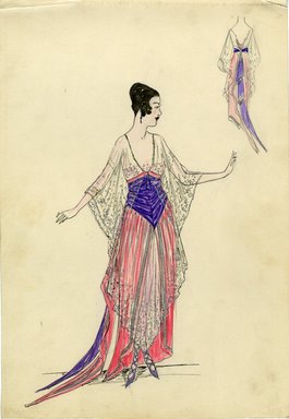 <em>"Evening dress, 1915. Long orange dress with train, skirt open in front, silver net or lace overskirt pointed in front; silver net or lace bodice with wide sleeves ending with tassels; wide purple sash ending in point below the waist. (Bendel Collection, HB 012-21)"</em>, 1915. Fashion sketch, 12.25 x 8.5 in (31.1 x 21.6 cm). Brooklyn Museum, Fashion sketches. (Photo: Brooklyn Museum, SC01.1_Bendel_Collection_HB_012-21_1915_SL5.jpg