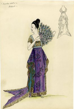 <em>"Evening dress, Callot Soeurs, 'Novelle Idole', 1915. Long purple dress with fishtail train, open at the sides, teal underskirt; skirt, sides and train trimmed in gold; square necked bodice in same gold fabric as trim with short sleeves; floral design on skirt fabric; peacock feather fan. (Bendel Collection, HB 012-22)"</em>, 1915. Fashion sketch, 12.25 x 8.5 in (31.1 x 21.6 cm). Brooklyn Museum, Fashion sketches. (Photo: Brooklyn Museum, SC01.1_Bendel_Collection_HB_012-22_1915_Callot_SL5.jpg