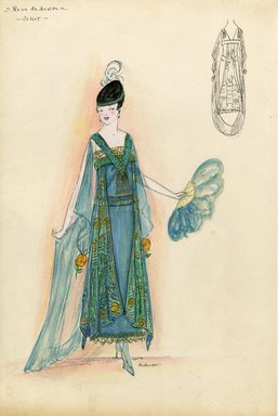 <em>"Evening dress, Callot Soeurs, 'Reue de Beolite', 1915. Ankle length blue-green dress with sheer panels attached at bodice, panels have pattern of yellow leaves; v-shaped band attached to bodice forms straps with gold design, ending in gold tassel; long sheer blue-green panels attached at shoulders; gold lace or net at hem and top of bodice; narrow headband. (Bendel Collection, HB 012-23)"</em>, 1915. Fashion sketch, 12.25 x 8.5 in (31.1 x 21.6 cm). Brooklyn Museum, Fashion sketches. (Photo: Brooklyn Museum, SC01.1_Bendel_Collection_HB_012-23_1915_Callot_SL5.jpg