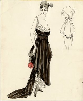 <em>"Evening dress, 1915. Long black dress with train and lace underskirt; sleeveless bodice with lace. (Bendel Collection, HB 012-24)"</em>, 1915. Fashion sketch, 12.25 x 8.5 in (31.1 x 21.6 cm). Brooklyn Museum, Fashion sketches. (Photo: Brooklyn Museum, SC01.1_Bendel_Collection_HB_012-24_1915_SL5.jpg