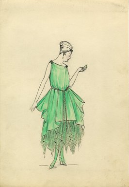 <em>"Evening dress, 1915. Ankle length evening dress in light green with handkerchief hem; sleeveless top with boatneck; cord tie at waist. (Bendel Collection, HB 012-25)"</em>, 1915. Fashion sketch, 12.25 x 8.5 in (31.1 x 21.6 cm). Brooklyn Museum, Fashion sketches. (Photo: Brooklyn Museum, SC01.1_Bendel_Collection_HB_012-25_1915_SL5.jpg