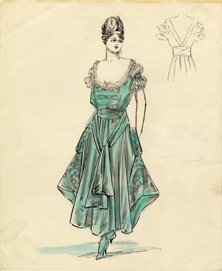 <em>"Evening Dress, 1915. Ankle length green dress with full skirt; bodice with low scoop neck trimmed in lace, short cap lace sleeves; wide sash at waist. (Bendel Collection, HB 012-26)"</em>, 1915. Fashion sketch, 12.25 x 8.5 in (31.1 x 21.6 cm). Brooklyn Museum, Fashion sketches. (Photo: Brooklyn Museum, SC01.1_Bendel_Collection_HB_012-26_1915_SL5.jpg