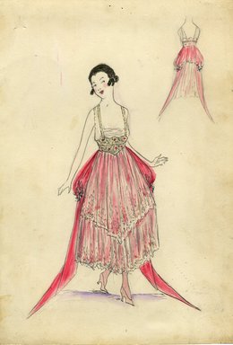 <em>"Evening Dress, 1915. Ankle length dress with two layers of lace and pink underskirt; sleeveless bodice with short corset with design of tiny flowers; floor length pink side panels. (Bendel Collection, HB 012-27)"</em>, 1915. Fashion sketch, 12.25 x 8.5 in (31.1 x 21.6 cm). Brooklyn Museum, Fashion sketches. (Photo: Brooklyn Museum, SC01.1_Bendel_Collection_HB_012-27_1915_SL5.jpg