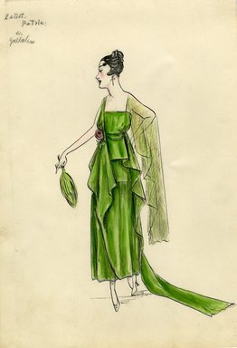 <em>"Evening dress, Callot Soeurs, 'Patrie a. Gallatin', 1915. Ankle length green dress with long train; sleeveless bodice with one sheer green panel attached at side and one strap on other shoulder; green fan; rose at waist. (Bendel Collection, HB 012-28)"</em>, 1915. Fashion sketch, 12.25 x 8.5 in (31.1 x 21.6 cm). Brooklyn Museum, Fashion sketches. (Photo: Brooklyn Museum, SC01.1_Bendel_Collection_HB_012-28_1915_Callot_SL5.jpg