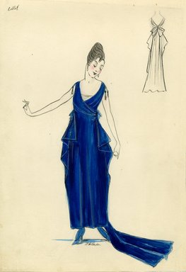 <em>"Evening dress, Callot Soeurs, 1915. Midnight blue ankle length dress with train and draped side panels on skirt; sleeveless v-neck bodice with small tassels at shoulders. (Bendel Collection, HB 012-29)"</em>, 1915. Fashion sketch, 12.25 x 8.5 in (31.1 x 21.6 cm). Brooklyn Museum, Fashion sketches. (Photo: Brooklyn Museum, SC01.1_Bendel_Collection_HB_012-29_1915_Callot_SL5.jpg