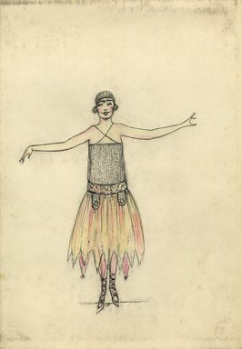 <em>"Evening Dress, 1915. Mid calf length skirt with hadkerchief hem in pink and light yellow; drop waist with wide band at hips with two tabs; strapless bodice with two narrow straps crossed in front. (Bendel Collection, HB 012-30)"</em>, 1915. Fashion sketch, 12.25 x 8.5 in (31.1 x 21.6 cm). Brooklyn Museum, Fashion sketches. (Photo: Brooklyn Museum, SC01.1_Bendel_Collection_HB_012-30_1915_SL5.jpg