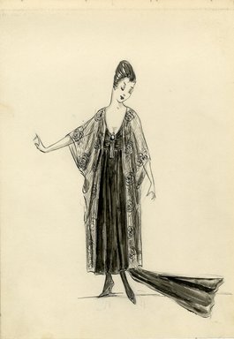 <em>"Evening dress with Coat, 1915. Ankle length black dress with train; deep v-neck sleeveless bodice; sheer coat with dolman sleeves and design of roses. (Bendel Collection, HB 012-31)"</em>, 1915. Fashion sketch, 12.25 x 8.5 in (31.1 x 21.6 cm). Brooklyn Museum, Fashion sketches. (Photo: Brooklyn Museum, SC01.1_Bendel_Collection_HB_012-31_1915_SL5.jpg