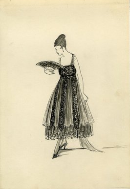 <em>"Evening Dress, 1915. Ankle length dress with full skirt in two layers of lace or net; sleeveless bodice cut straight across in net or lace; three long bands hanging from waist ending in points with tassels; fan; matching high heel shoes. (Bendel Collection, HB 012-32)"</em>, 1915. Fashion sketch, 12.25 x 8.5 in (31.1 x 21.6 cm). Brooklyn Museum, Fashion sketches. (Photo: Brooklyn Museum, SC01.1_Bendel_Collection_HB_012-32_1915_SL5.jpg