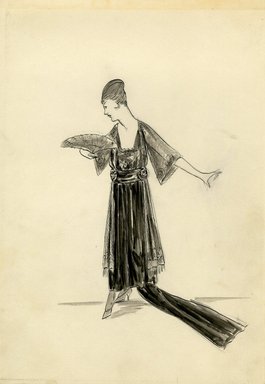 <em>"Evening Dress, 1915. Ankle length black dress with train; square necked bodice with sheer black trumpet-shaped sleeves; wide black waist band; fan. (Bendel Collection, HB 012-33)"</em>, 1915. Fashion sketch, 12.25 x 8.5 in (31.1 x 21.6 cm). Brooklyn Museum, Fashion sketches. (Photo: Brooklyn Museum, SC01.1_Bendel_Collection_HB_012-33_1915_SL5.jpg