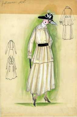 <em>"Walking suit, Fall 1915. Beige ankle length full skirt; matching beige long jacket with black belt, flat collar and long sleeves with tabs at wrist and on sides of jacket; black hat with wide brim, lined in white with white butterfly on hat; black walking stick. (Bendel Collection, HB 013-01)"</em>, 1915. Fashion sketch, 12.25 x 8.5 in (31.1 x 21.6 cm). Brooklyn Museum, Fashion sketches. (Photo: Brooklyn Museum, SC01.1_Bendel_Collection_HB_013-01_1915_SL5.jpg