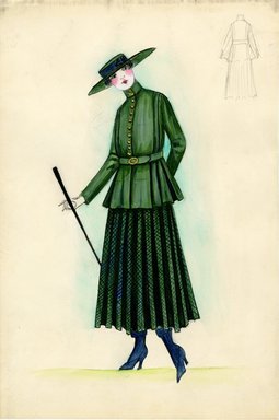 <em>"Walking Suit, 1915. Green and black plaid pleated skirt; green jacket with stand up collar, flaired below waist, a row of gold buttons down front of jacket, green belt; green hat with wide flat brim and short crown, black walking stick. (Bendel Collection, HB 013-02)"</em>, 1915. Fashion sketch, 12.25 x 8.5 in (31.1 x 21.6 cm). Brooklyn Museum, Fashion sketches. (Photo: Brooklyn Museum, SC01.1_Bendel_Collection_HB_013-02_1915_SL5.jpg