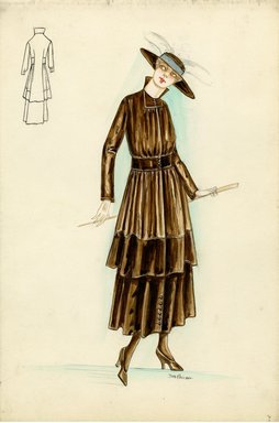 <em>"Walking Suit, 1915. Brown ankle length skirt; matching three-quarter length jacket, fitted waist, back stand up collar; matching brown hat with wide brim. (Bendel Collection, HB 013-03)"</em>, 1915. Fashion sketch, 12.25 x 8.5 in (31.1 x 21.6 cm). Brooklyn Museum, Fashion sketches. (Photo: Brooklyn Museum, SC01.1_Bendel_Collection_HB_013-03_1915_SL5.jpg