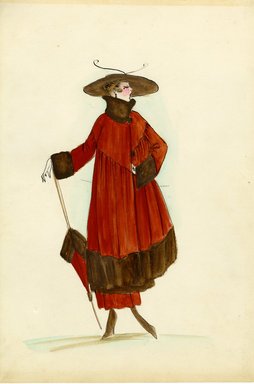 <em>"Coat, 1915. Red-brown long full coat with assymetric diagonal seams, trimmed along hem, cuffs and stand up collar with wide bands of dark brown fur; matching red-brown parasol trimmed in same dark brown fur; brown hat with wide brim. (Bendel Collection, HB 013-04)"</em>, 1915. Fashion sketch, 12.25 x 8.5 in (31.1 x 21.6 cm). Brooklyn Museum, Fashion sketches. (Photo: Brooklyn Museum, SC01.1_Bendel_Collection_HB_013-04_1915_SL5.jpg