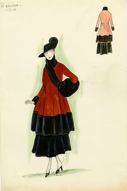 <em>"Coat with skirt, Chéruit, 1915. Three-quarter length red-brown coat trimmed along hem, cuffs and collar in black fur; black ankle length skirt; black fur muff; black hat. (Bendel Collection, HB 013-05)"</em>, 1915. Fashion sketch, 12.25 x 8.5 in (31.1 x 21.6 cm). Brooklyn Museum, Fashion sketches. (Photo: Brooklyn Museum, SC01.1_Bendel_Collection_HB_013-05_1915_Cheruit_SL5.jpg