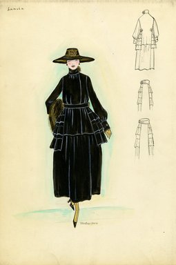 <em>"Coat, Lanvin, 1915. Black ankle length coat with side paniers; bodice with assymetric closure, long sleeves with wide cuffs and stand up collar; black wide brimmed hat with gold flower in front; black muff. (Bendel Collection, HB 013-06)"</em>, 1915. Fashion sketch, 12.25 x 8.5 in (31.1 x 21.6 cm). Brooklyn Museum, Fashion sketches. (Photo: Brooklyn Museum, SC01.1_Bendel_Collection_HB_013-06_1915_Lanvin_SL5.jpg