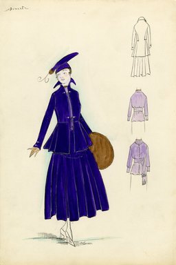 <em>"Walking suit, Doucet, 1915. Purple ankle length full skirt; matching purple jacket flaired below waist, stand up pointed collar, two sets of silver buttons on jacket and on cuffs; fur muff; matching purple hat. (Bendel Collection, HB 013-07)"</em>, 1915. Fashion sketch, 12.25 x 8.5 in (31.1 x 21.6 cm). Brooklyn Museum, Fashion sketches. (Photo: Brooklyn Museum, SC01.1_Bendel_Collection_HB_013-07_1915_Doucet_SL5.jpg