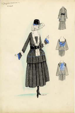 <em>"Walking suit, Callot Soeurs, 'Tonjours Contiance', 1915. Black and white check ankle length full skirt; matching jacket, v-necked front trimmed in ermine, long sleeves with blue cuffs and ermine trim at wrists, wide black belt at waist; small black hat with blue brim and lace veil. (Bendel Collection, HB 013-08)"</em>, 1915. Fashion sketch, 12.25 x 8.5 in (31.1 x 21.6 cm). Brooklyn Museum, Fashion sketches. (Photo: Brooklyn Museum, SC01.1_Bendel_Collection_HB_013-08_1915_Callot_SL5.jpg