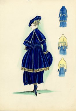 <em>"Walking Suit, 1915. Midnight blue knee length coat trimmed at hem in brown fur; matching midnigth blue ankle length full skirt; short cape over coat in midnight blue trimed along bottom in brown fur; matching muff and hat with knotted ribbon; ankle boots with fur trim and high heel. (Bendel Collection, HB 013-09)"</em>, 1915. Fashion sketch, 12.25 x 8.5 in (31.1 x 21.6 cm). Brooklyn Museum, Fashion sketches. (Photo: Brooklyn Museum, SC01.1_Bendel_Collection_HB_013-09_1915_SL5.jpg