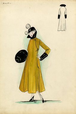 <em>"Coat, Doucet, 1915. Ochre colored ankle length coat with assymetric side closing with large buttons; black fur collar and deep cuffs, black fur muff; small black hat; black high heel shoes with white spats. (Bendel Collection, HB 013-10)"</em>, 1915. Fashion sketch, 12.25 x 8.5 in (31.1 x 21.6 cm). Brooklyn Museum, Fashion sketches. (Photo: Brooklyn Museum, SC01.1_Bendel_Collection_HB_013-10_1915_Doucet_SL5.jpg