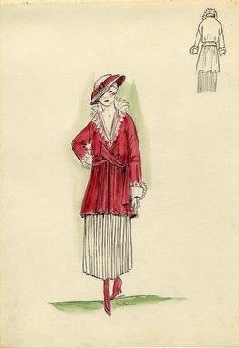 <em>"Walking Suit, 1915. White ankle length pleated skirt; red three-quarter length jacket, white cuffs with ruffles, v-neck front with white stand up ruffled collar; white hat with saucer brim, lined in red. (Bendel Collection, HB 013-11)"</em>, 1915. Fashion sketch, 12.25 x 8.5 in (31.1 x 21.6 cm). Brooklyn Museum, Fashion sketches. (Photo: Brooklyn Museum, SC01.1_Bendel_Collection_HB_013-11_1915_SL5.jpg