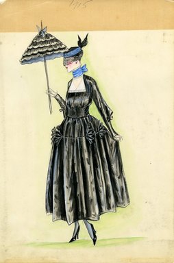 <em>"Day dress, 1915. Black ankle length dress, full skirt with fan-shaped ruffles; fitted bodice, square neckline and long sleeves; small hat with blue band and short black veil; black parasol; wide blue ribbon around neck. (Bendel Collection, HB 014-01)"</em>, 1915. Fashion sketch, 12.25 x 8.5 in (31.1 x 21.6 cm). Brooklyn Museum, Fashion sketches. (Photo: Brooklyn Museum, SC01.1_Bendel_Collection_HB_014-01_1915_SL5.jpg