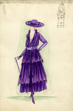 <em>"Day dress, 1915. Purple ankle length dress, full skirt with three tiers edged with small tassels; bodice with deep v-neck and light purple slip, long sleeves with row of buttons at wrist; light purple waist sash with lilacs; wide brimmed purple hat with flowers on brim; purple walking stick. (Bendel Collection, HB 014-02)"</em>, 1915. Fashion sketch, 12.25 x 8.5 in (31.1 x 21.6 cm). Brooklyn Museum, Fashion sketches. (Photo: Brooklyn Museum, SC01.1_Bendel_Collection_HB_014-02_1915_SL5.jpg