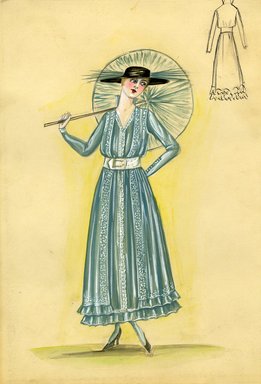 <em>"Day dress, 1915. Light blue ankle length dress with white lace or embroidery in vertical bands down front of skirt and continuing on bodice; v-neck bodice with long sleeves; wide white belt; black hat with wide brim; light blue parasol. (Bendel Collection, HB 014-03)"</em>, 1915. Fashion sketch, 12.25 x 8.5 in (31.1 x 21.6 cm). Brooklyn Museum, Fashion sketches. (Photo: Brooklyn Museum, SC01.1_Bendel_Collection_HB_014-03_1915_SL5.jpg