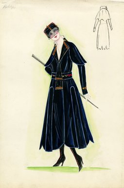 <em>"Coat, Pulitzer, 1915. Military style dark blue ankle length coat with curved hem; stand up collar at back with flat lapels and short attached cape; narrow red and gold trim and gold buttons on lapels, collar, sleeves, waist and scarf; small pill box hat with same red and gold trim and short black veil; walking stick. (Bendel Collection, HB 014-04)"</em>, 1915. Fashion sketch, 12.25 x 8.5 in (31.1 x 21.6 cm). Brooklyn Museum, Fashion sketches. (Photo: Brooklyn Museum, SC01.1_Bendel_Collection_HB_014-04_1915_SL5.jpg