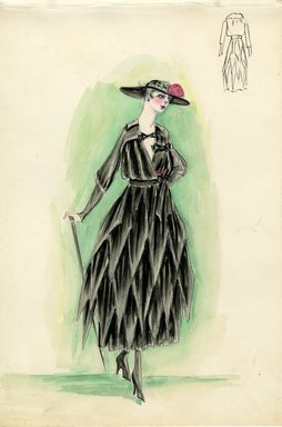 <em>"Day dress, 1915. Black ankle length dress, Three-tierred skirt with handkerchief hem; draped v-neck bodice, long sleeves, bows on bodice; black hat with wide brim; black walking stick. (Bendel Collection, HB 014-05)"</em>, 1915. Fashion sketch, 12.25 x 8.5 in (31.1 x 21.6 cm). Brooklyn Museum, Fashion sketches. (Photo: Brooklyn Museum, SC01.1_Bendel_Collection_HB_014-05_1915_SL5.jpg