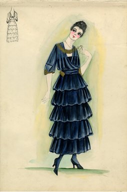 <em>"Day dress, 1915. Black ankle length dress, five-tierred skirt; draped bodice, elbow length full sleeves trimmed with gold band; wide gold band at neck and on waist band; gold longette on chain around neck. (Bendel Collection, HB 014-06)"</em>, 1915. Fashion sketch, 12.25 x 8.5 in (31.1 x 21.6 cm). Brooklyn Museum, Fashion sketches. (Photo: Brooklyn Museum, SC01.1_Bendel_Collection_HB_014-06_1915_SL5.jpg