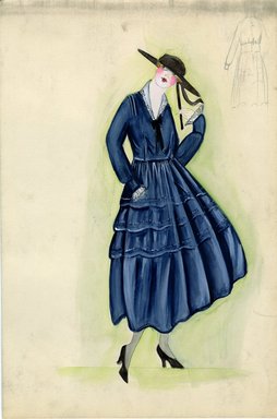 <em>"Day dress, 1915. Black ankle length dress, full skirt; v-neck bodice with long sleeves, white ruffle at wrist and collar; black hat with wide brim. (Bendel Collection, HB 014-07)"</em>, 1915. Fashion sketch, 12.25 x 8.5 in (31.1 x 21.6 cm). Brooklyn Museum, Fashion sketches. (Photo: Brooklyn Museum, SC01.1_Bendel_Collection_HB_014-07_1915_SL5.jpg