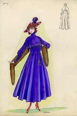 <em>"Coat, Jenny, 1915. Purple ankle length coat, full skirt; high stand up collar, zig-zag cord on front of coat; red hat with purple design, wide brim; brown fur stole. (Bendel Collection, HB 014-08)"</em>, 1915. Fashion sketch, 12.25 x 8.5 in (31.1 x 21.6 cm). Brooklyn Museum, Fashion sketches. (Photo: Brooklyn Museum, SC01.1_Bendel_Collection_HB_014-08_1915_Jenny_SL5.jpg