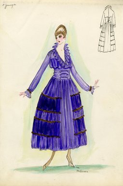 <em>"Day dress, Jenny, 1915. Purple ankle length dress, full skirt; v-neck bodice with wide ruffle, long sleeves with ruffle at wrist. (Bendel Collection, HB 014-10)"</em>, 1915. Fashion sketch, 12.25 x 8.5 in (31.1 x 21.6 cm). Brooklyn Museum, Fashion sketches. (Photo: Brooklyn Museum, SC01.1_Bendel_Collection_HB_014-10_1915_Jenny_SL5.jpg